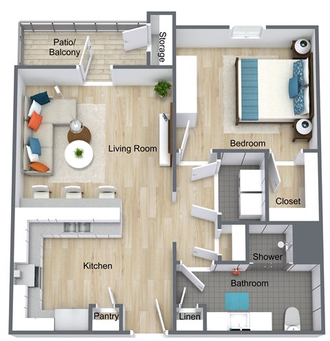 Floor plan for 1 bed, 1 bath, 717 sqft